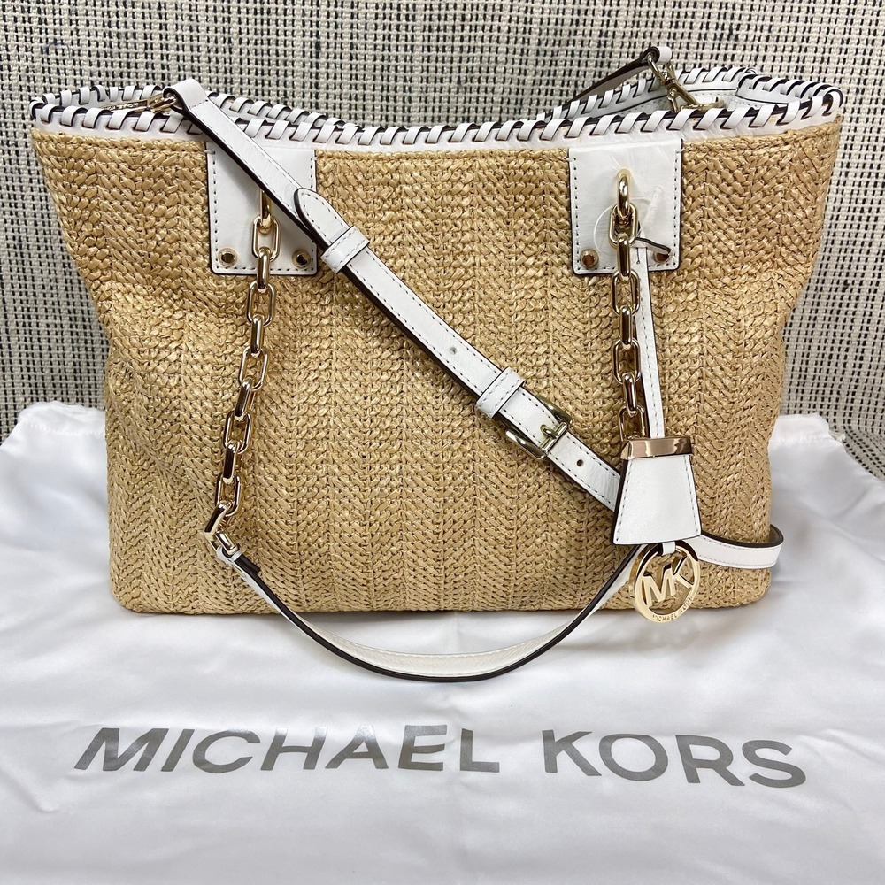 Michael Kors Natural Straw Tote with White Leather Trim and Gold Hardware